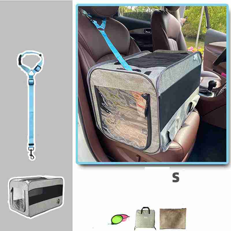 Portable pet carrier bag secured in car seat with leash