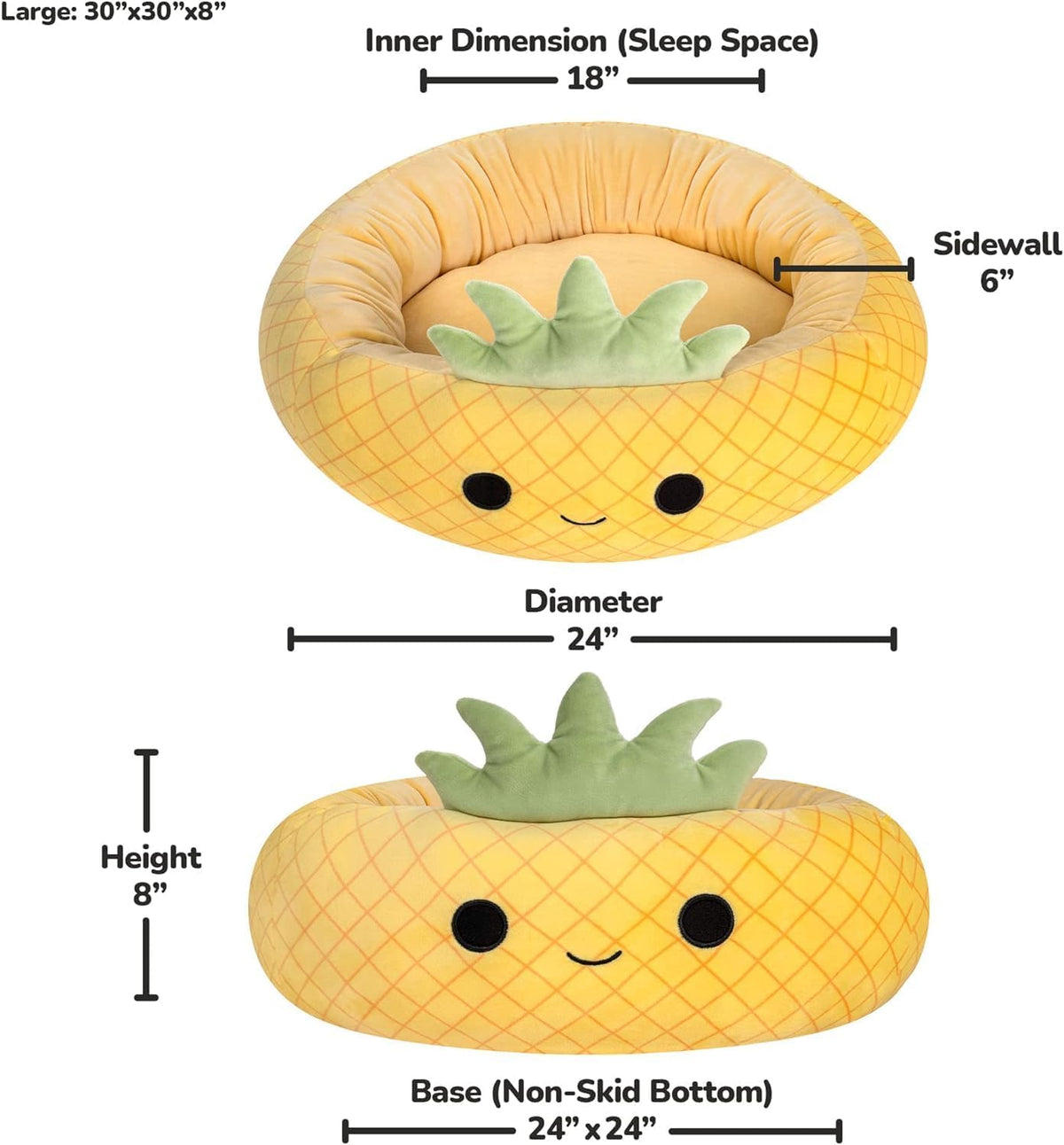 Dimensions of plush pet bed with pineapple pattern and size details