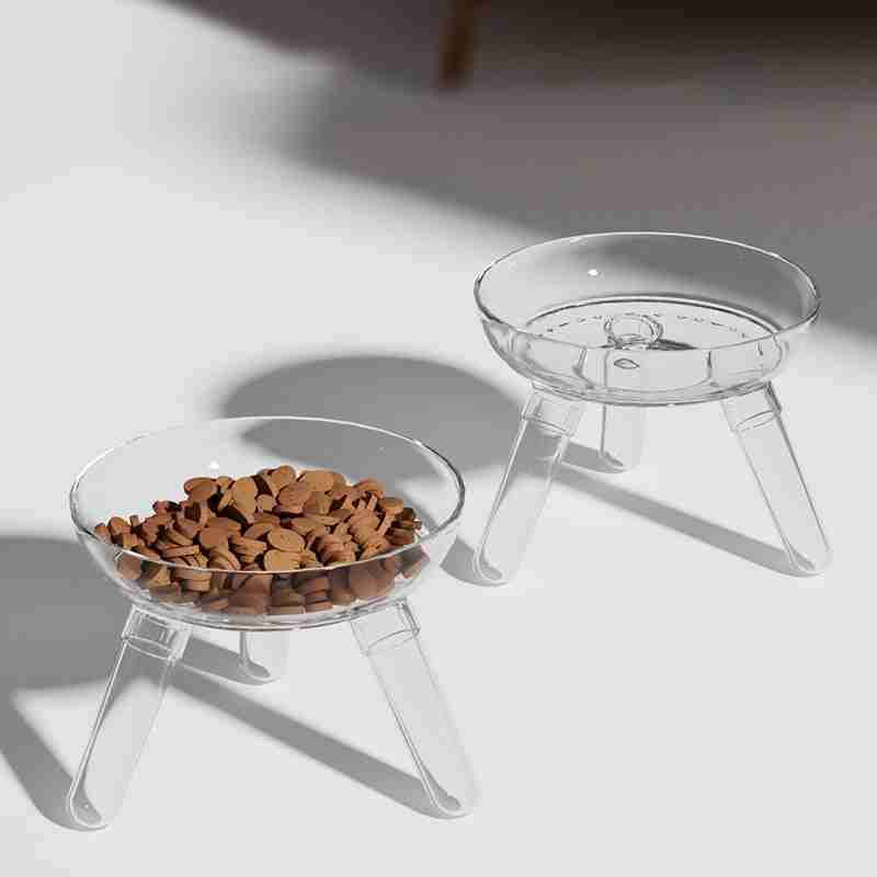Pet food bowl with transparent glass and stable legs