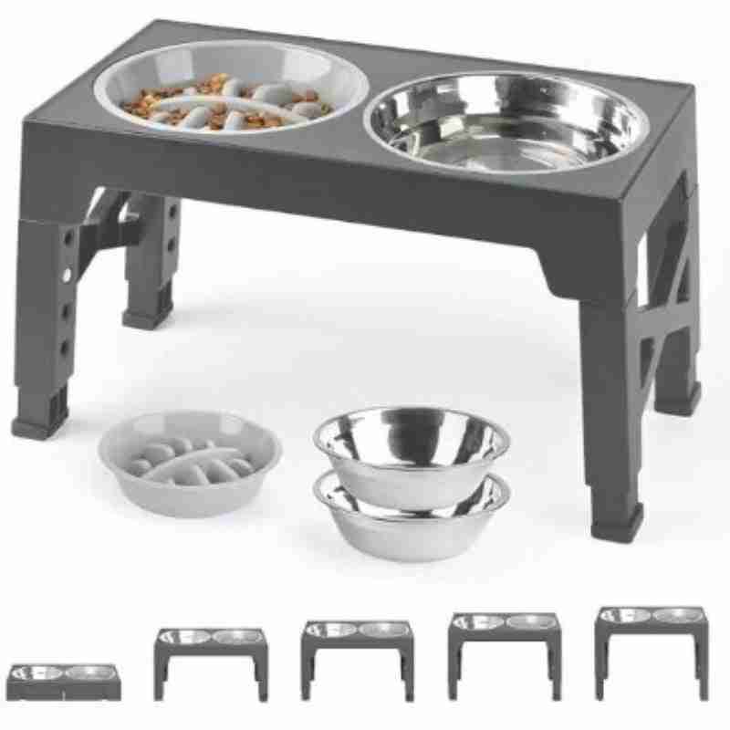 Gray elevated pet feeding bowl with stainless steel dishes for dogs