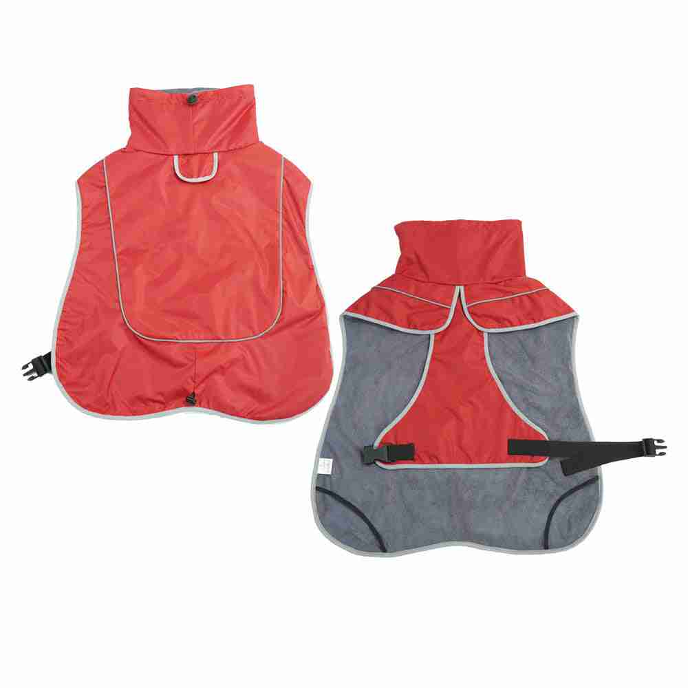 Pet dog waterproof jacket in red with reflective trim
