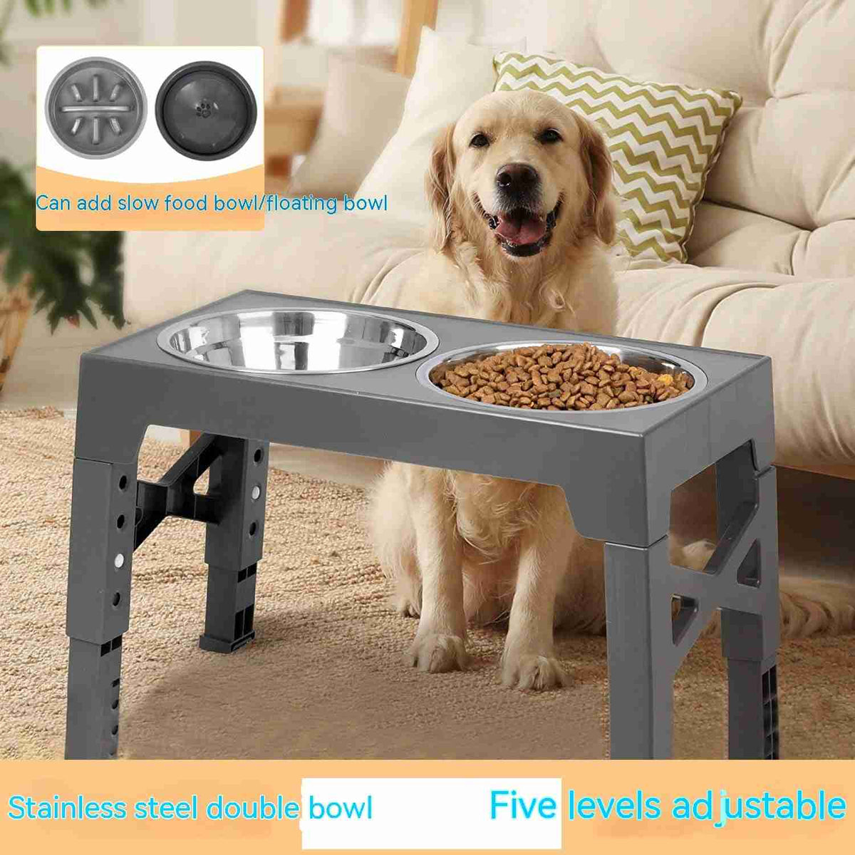 Stainless steel pet bowl rack with adjustable height