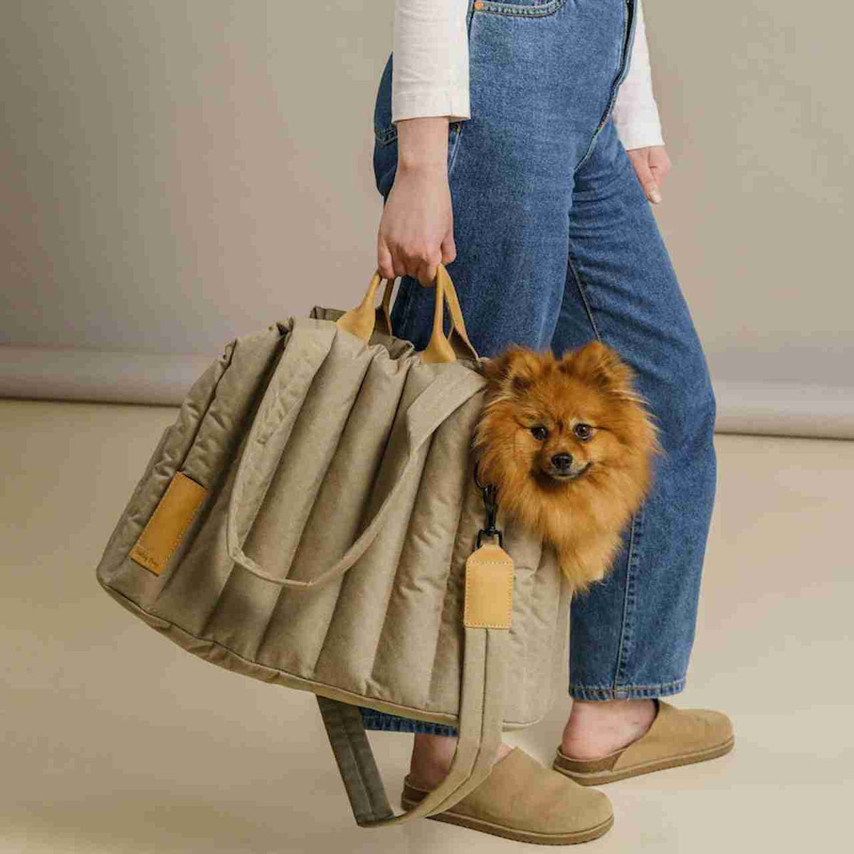 Large pet carrier bag with beige fabric and leather accents