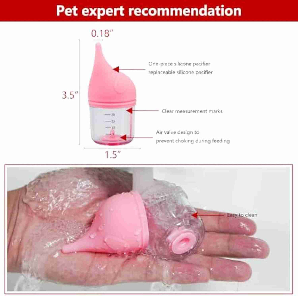 Pet feeding bottle with measurement marks and anti-choking valve
