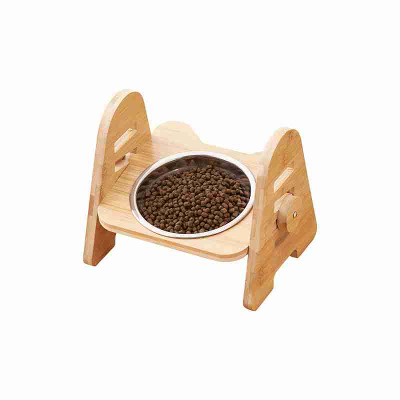 Wooden pet bowl rack with stainless steel and ceramic bowls