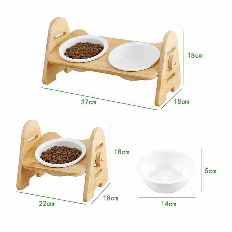 Dimensions of bamboo pet bowl stand with ceramic bowls