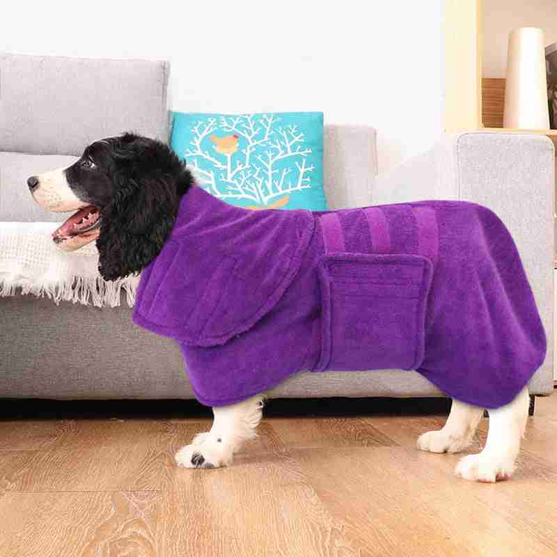 Pet bath towel with purple hood for quick drying