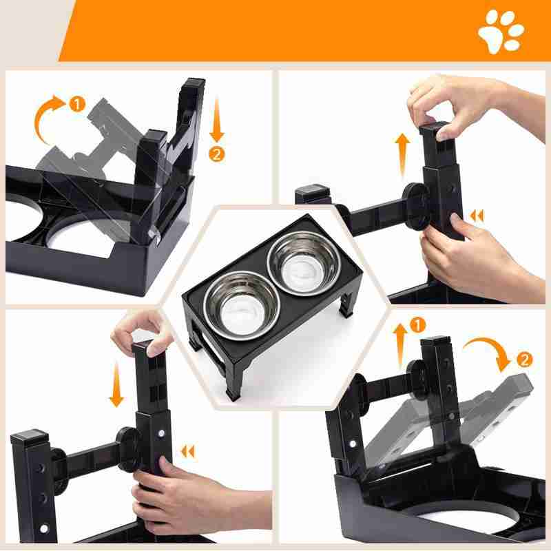 Pet feeding stand with removable stainless steel bowls and height adjustment