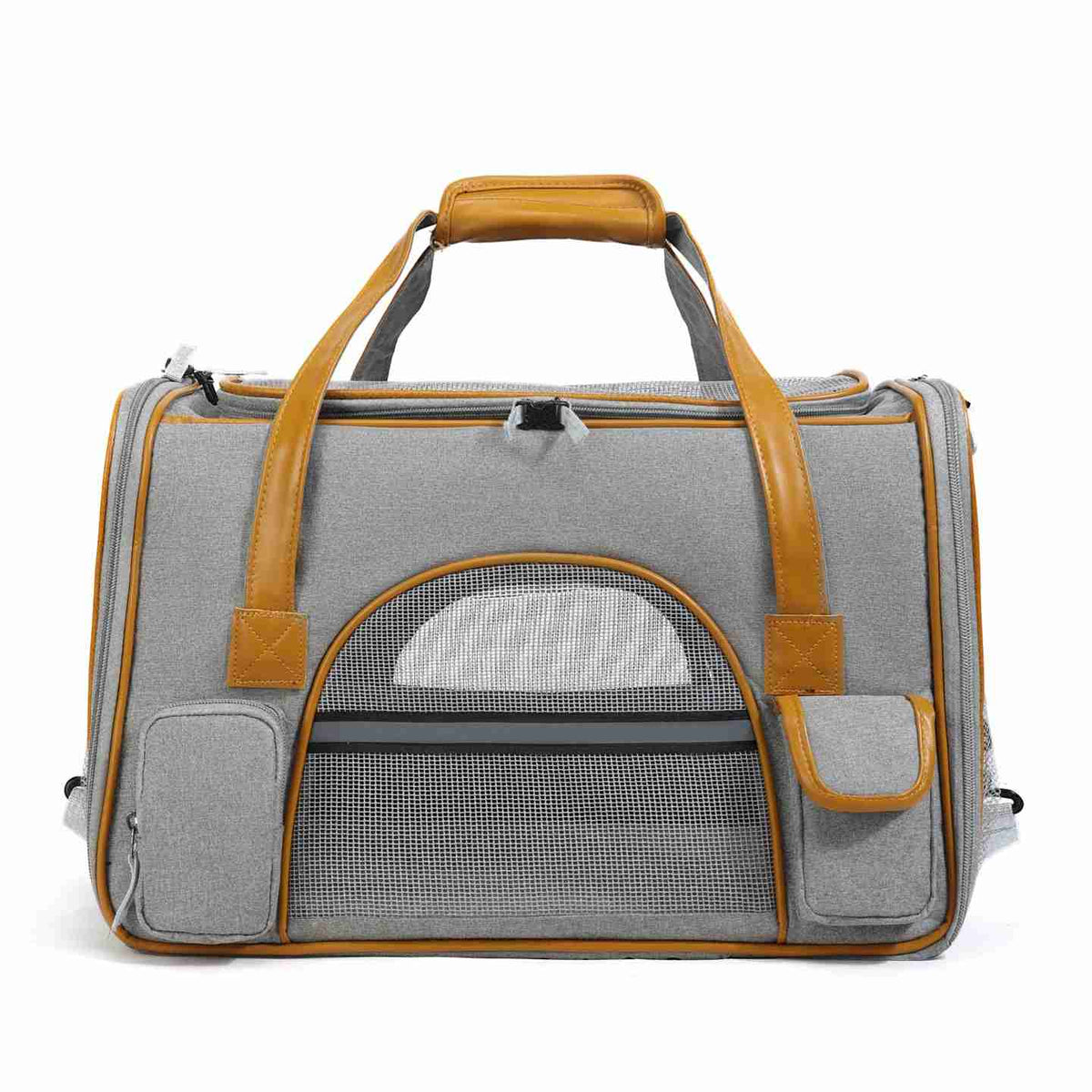Gray pet carrier bag with mesh window and brown accents