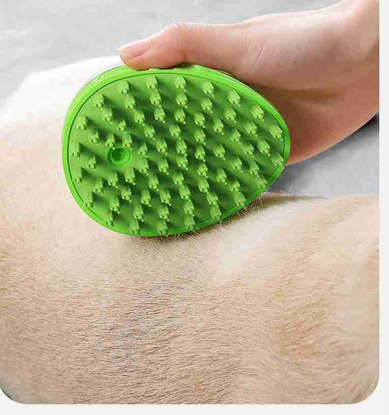 Green pet grooming brush with textured surface for shedding