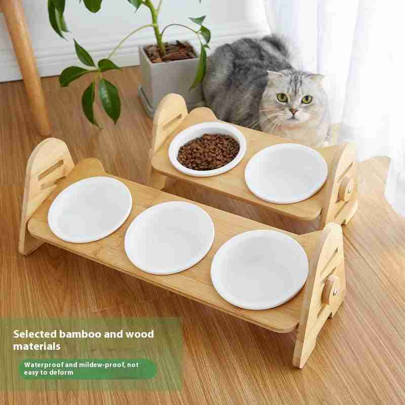 Bamboo pet feeding stand with ceramic bowls for cats and dogs