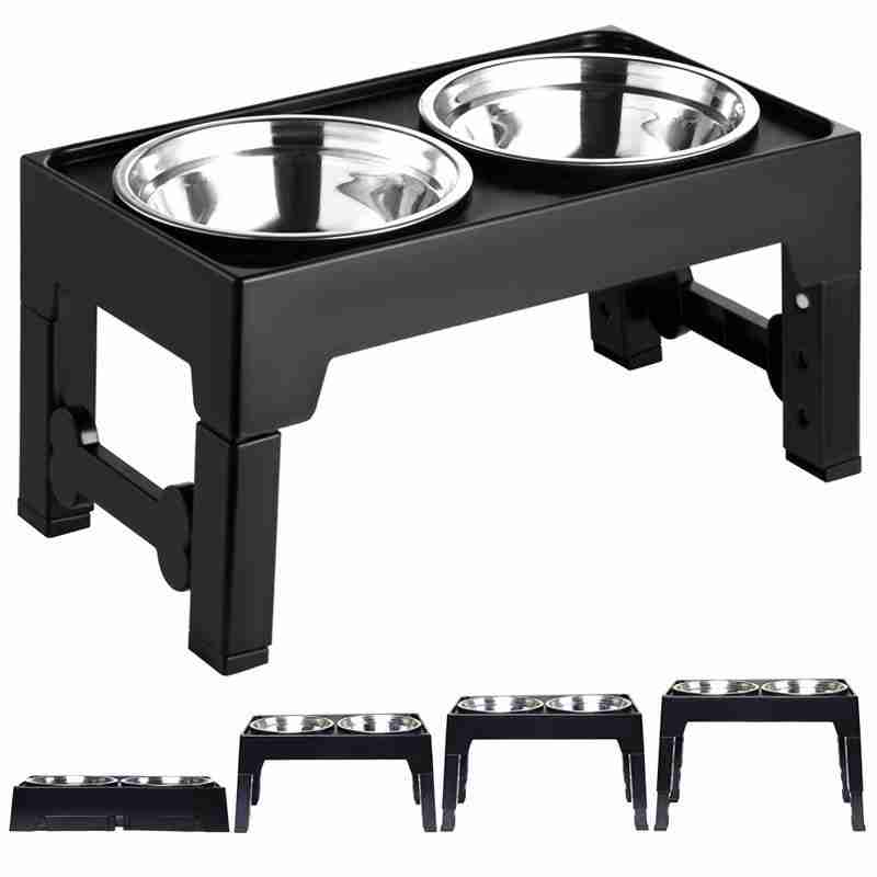 Elevated pet feeding bowl with stainless steel dishes and black stand