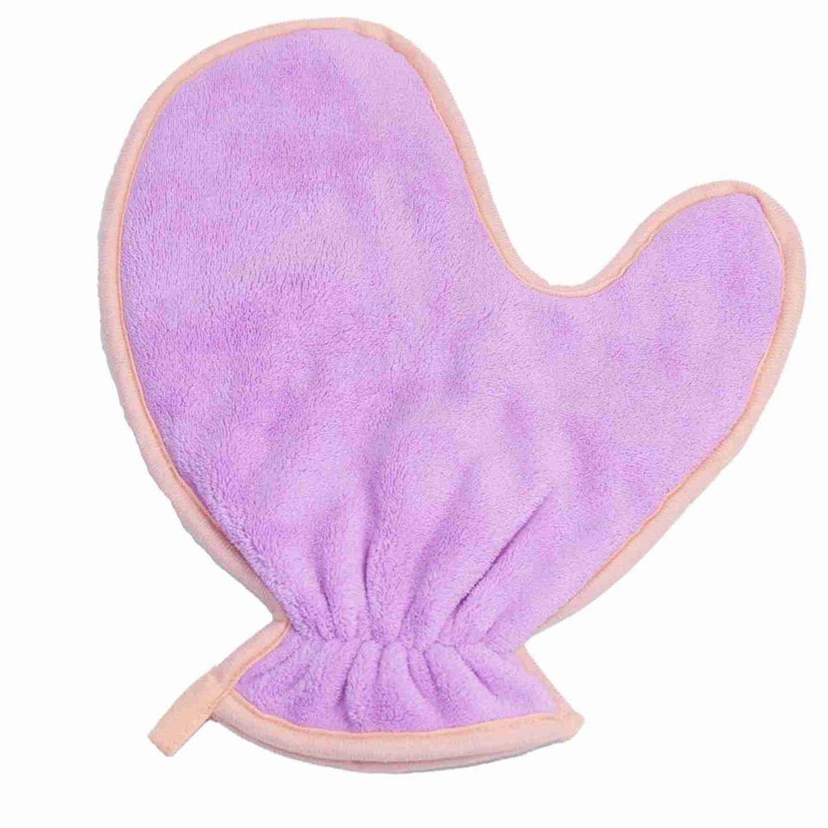 Purple pet grooming mitt with soft fleece material and pink edging