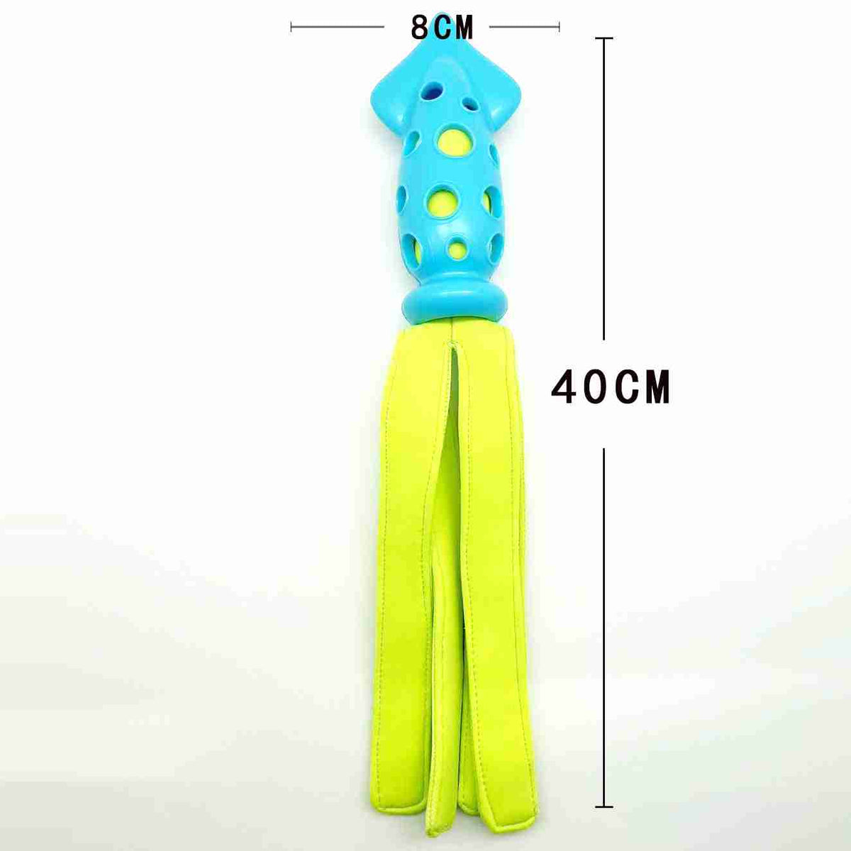 Pet toy with blue and green squeaky design and yellow strap