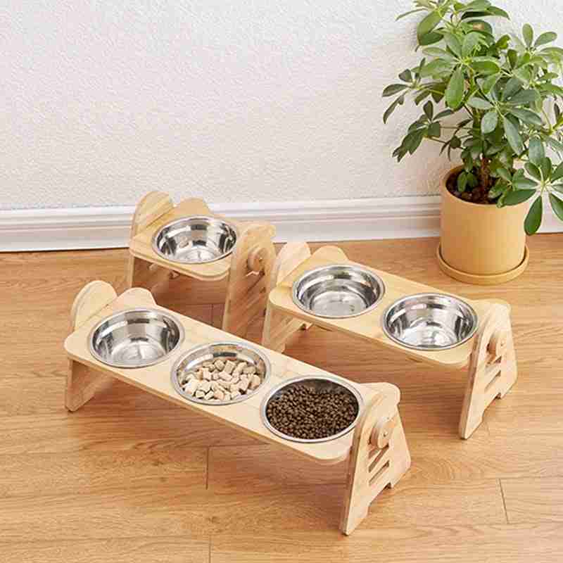 Wooden pet bowl rack with stainless steel bowls