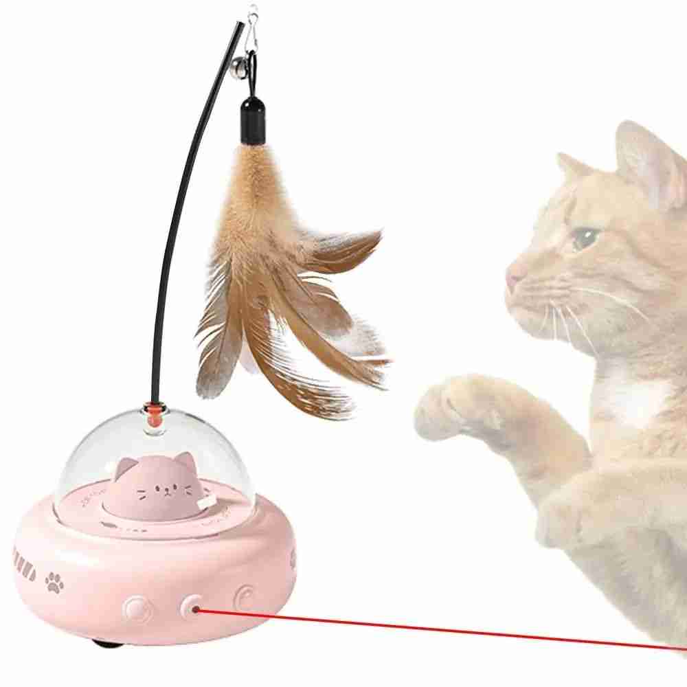 Electric cat interactive toy with feather and rolling base