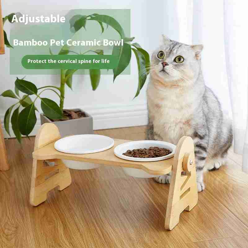 Cervical spine protection pet bowl with bamboo stand