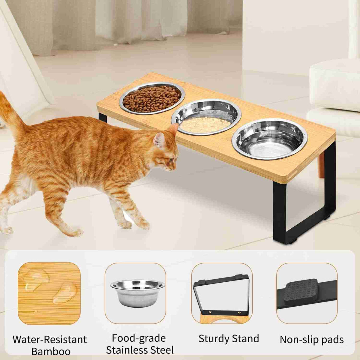 Pet feeding station with stainless steel bowls and wooden stand