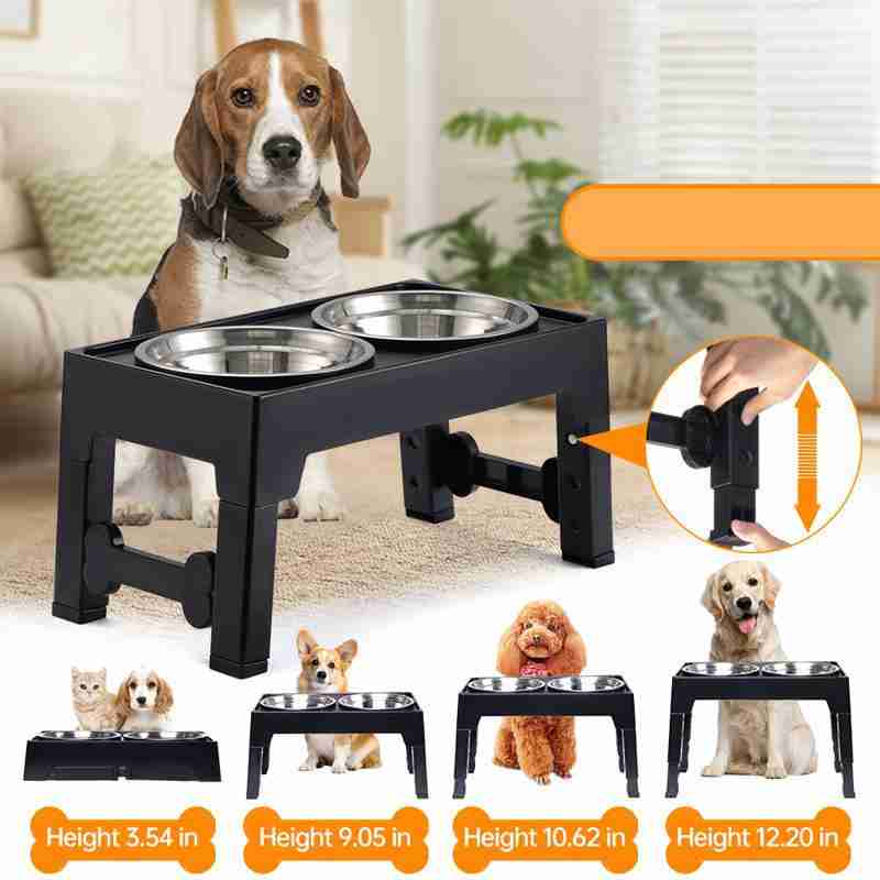 Adjustable height pet feeding station with stainless steel bowls for dogs