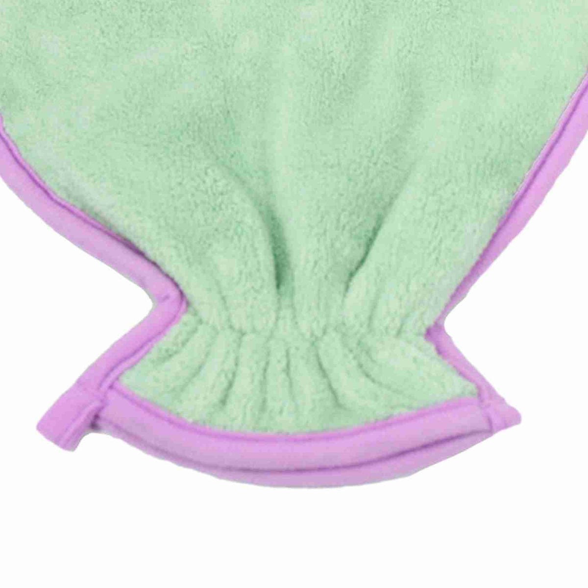 Pet grooming glove with absorbent microfiber material, green and purple trim