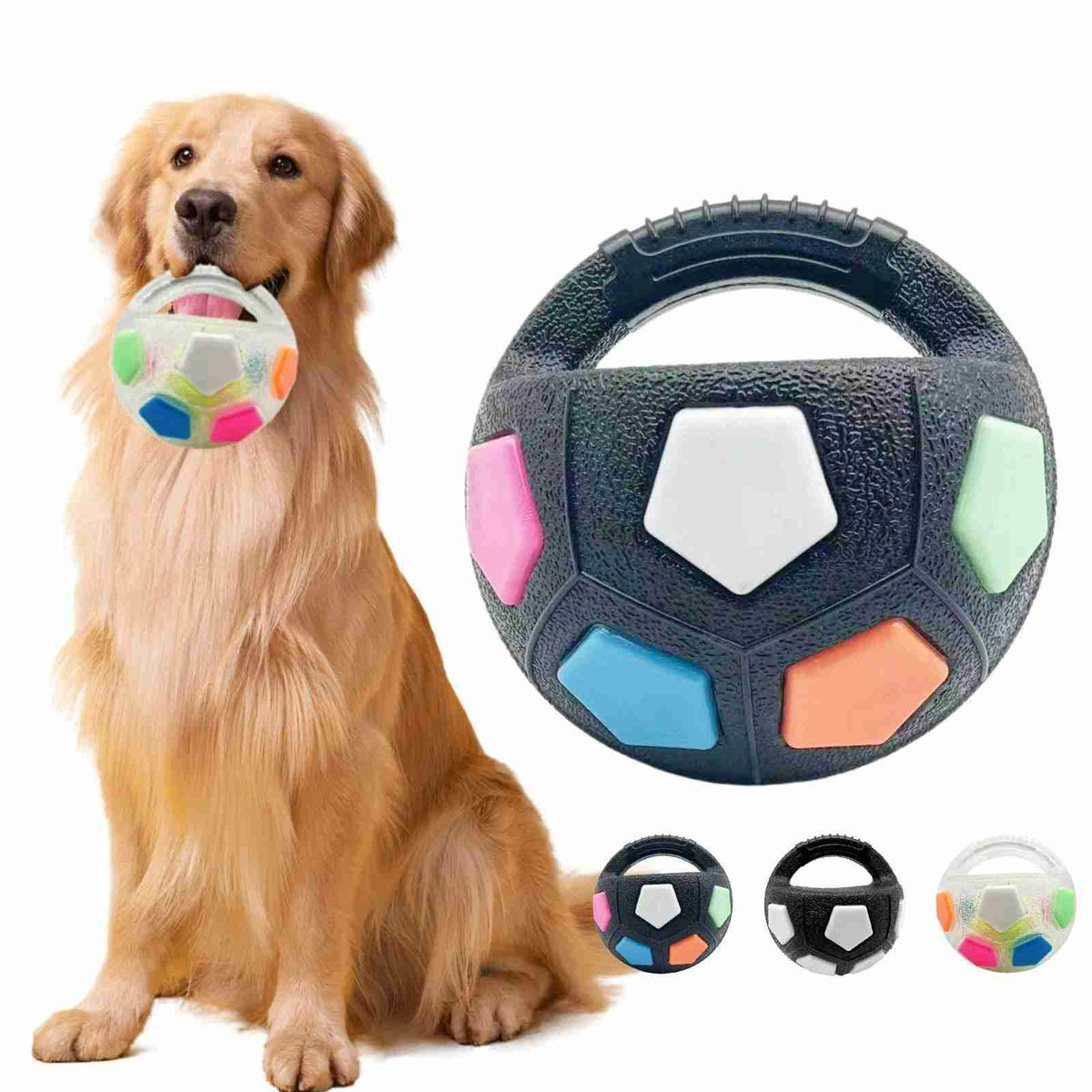 Dog holding a football tennis ball-shaped toy in mouth
