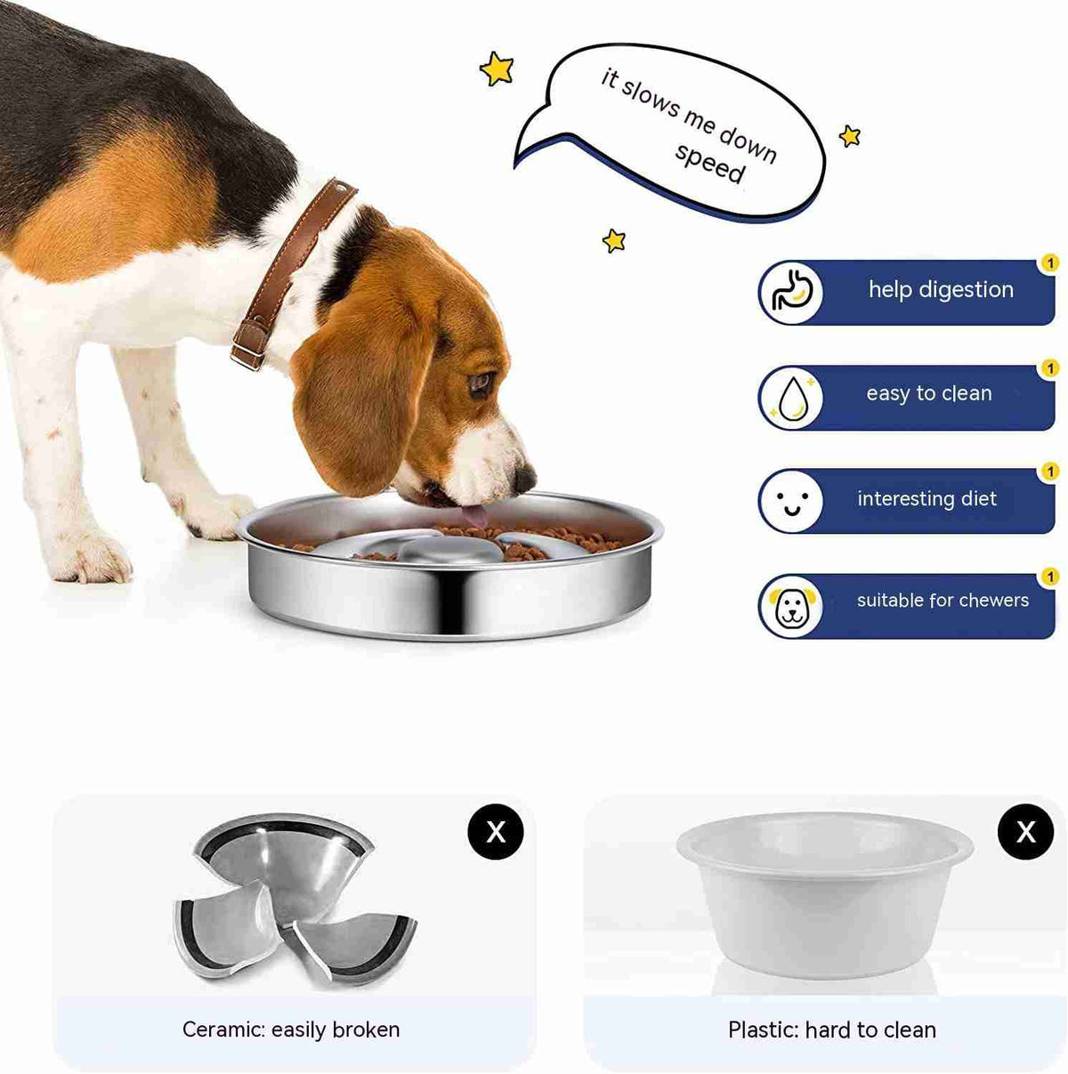 Dog eating from stainless steel bowl with food and infographic