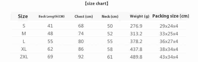Size chart for pet shell jackets