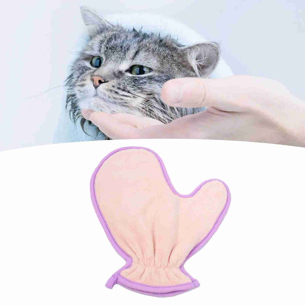 Pet grooming glove with absorbent fiber, pink and purple