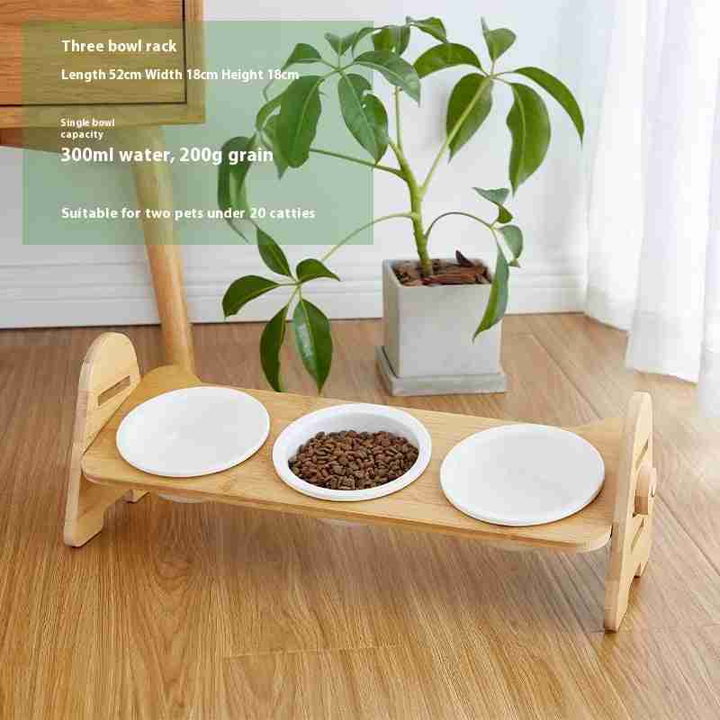 Wooden pet bowl rack with ceramic and plastic bowls