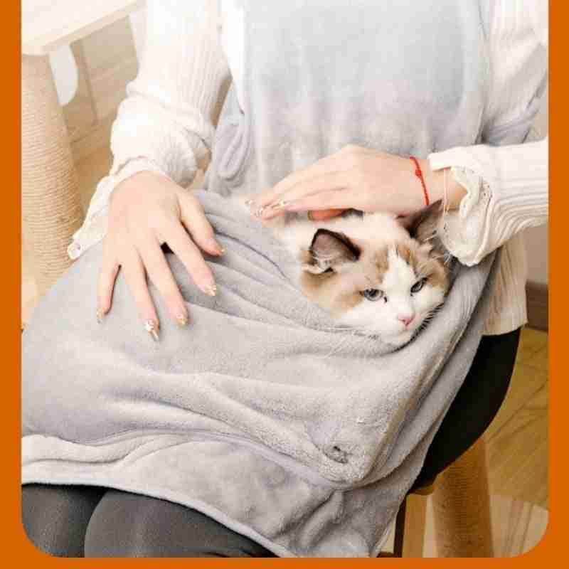 Pet carrier bag with cat inside, soft gray plush material with border