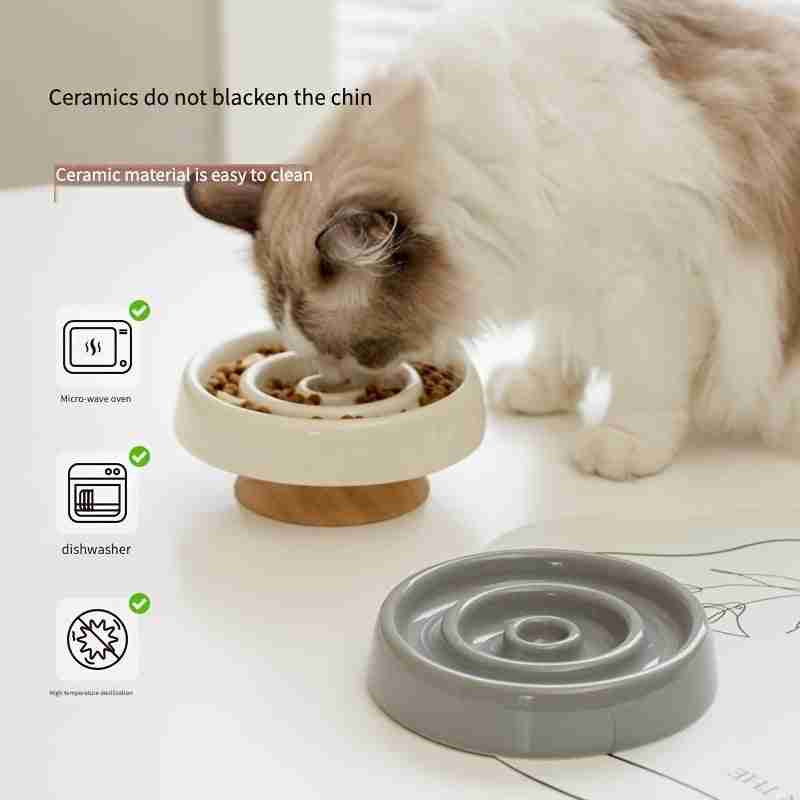 Ceramic pet bowl with anti-gulping design