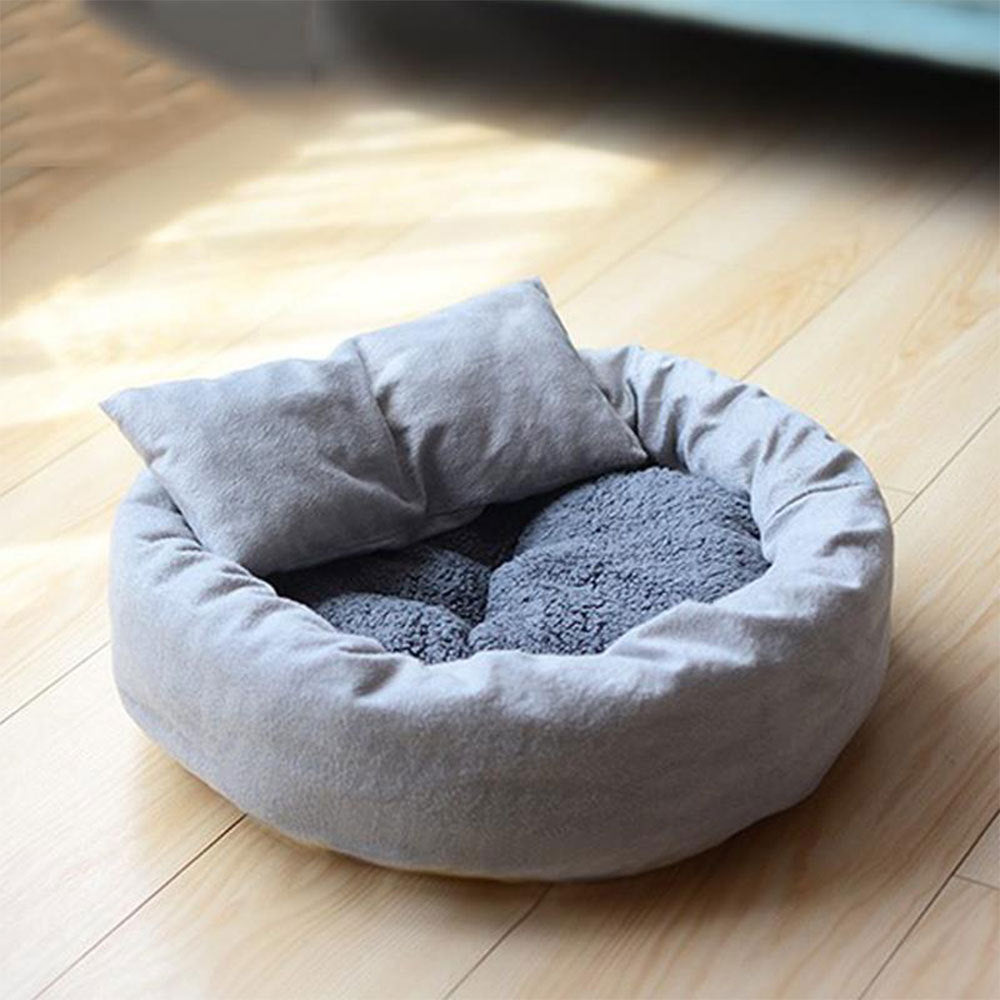 Gray pet round plush bed with pillow for small dogs